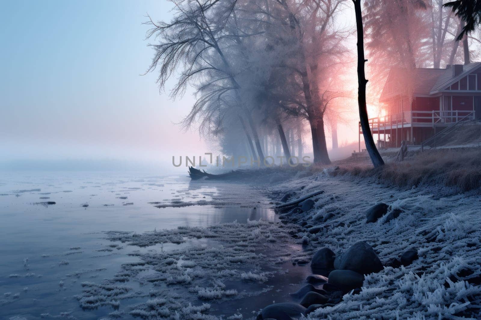 A captivating visual representation of the winter ambiance, focusing on the enigmatic allure of fog and mist enveloping the landscape, especially near bodies of water.