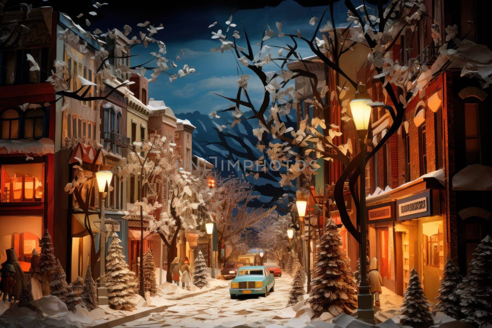 An evocative representation of urban life during winter, focusing on the enchanting vistas of city streets, buildings blanketed in snow, and the warm radiance of streetlights.