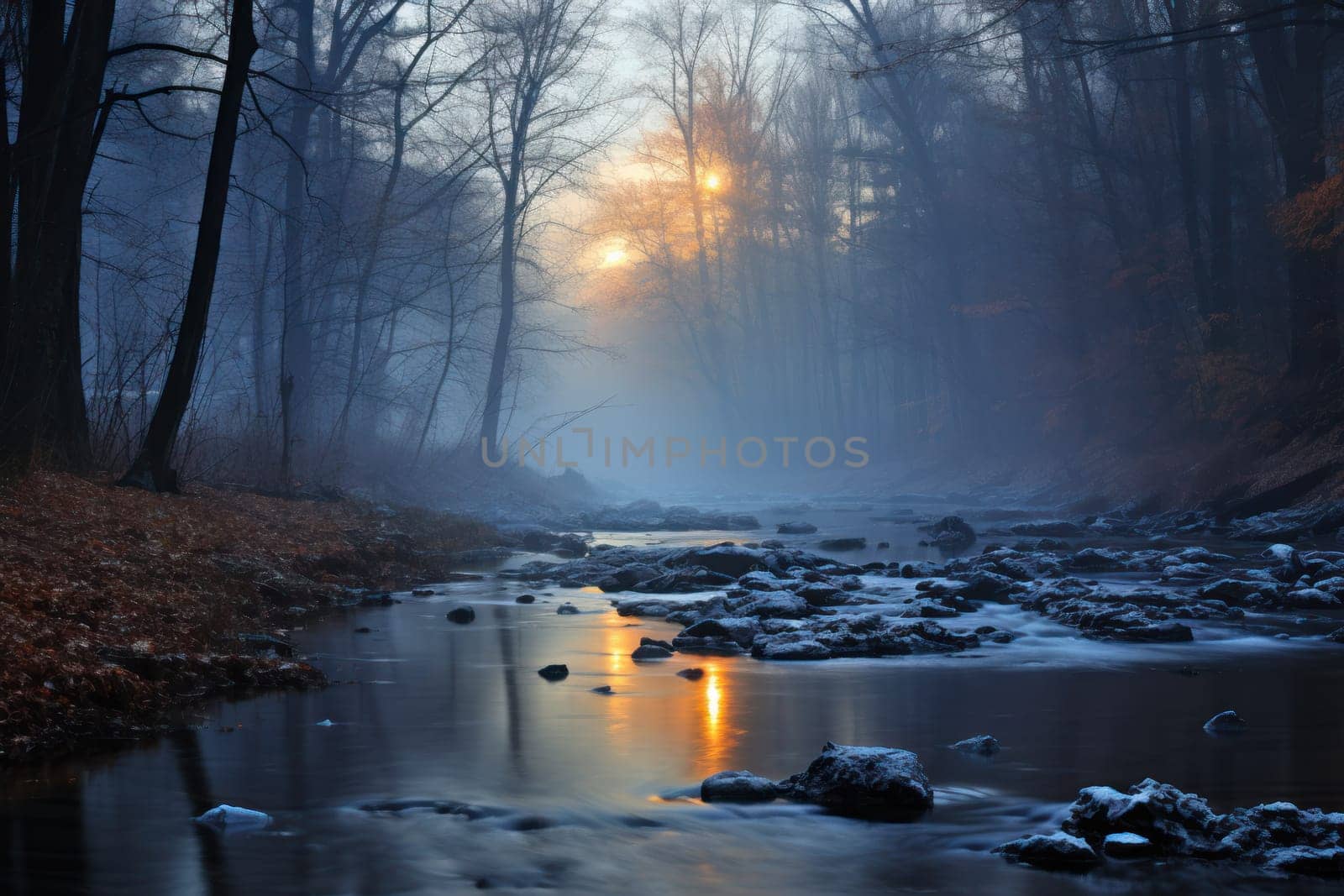 A captivating visual representation of the winter ambiance, focusing on the enigmatic allure of fog and mist enveloping the landscape, especially near bodies of water.