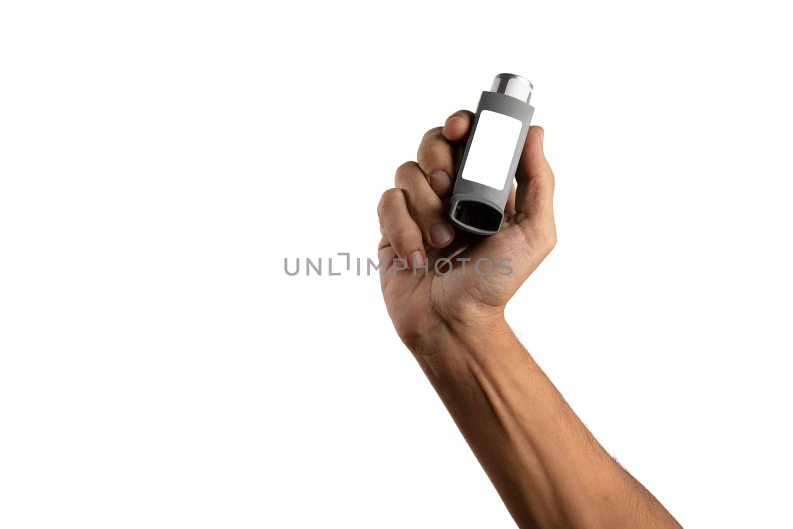 Hand holding asthma inhaler equipment.Pharmaceutical product by TropicalNinjaStudio