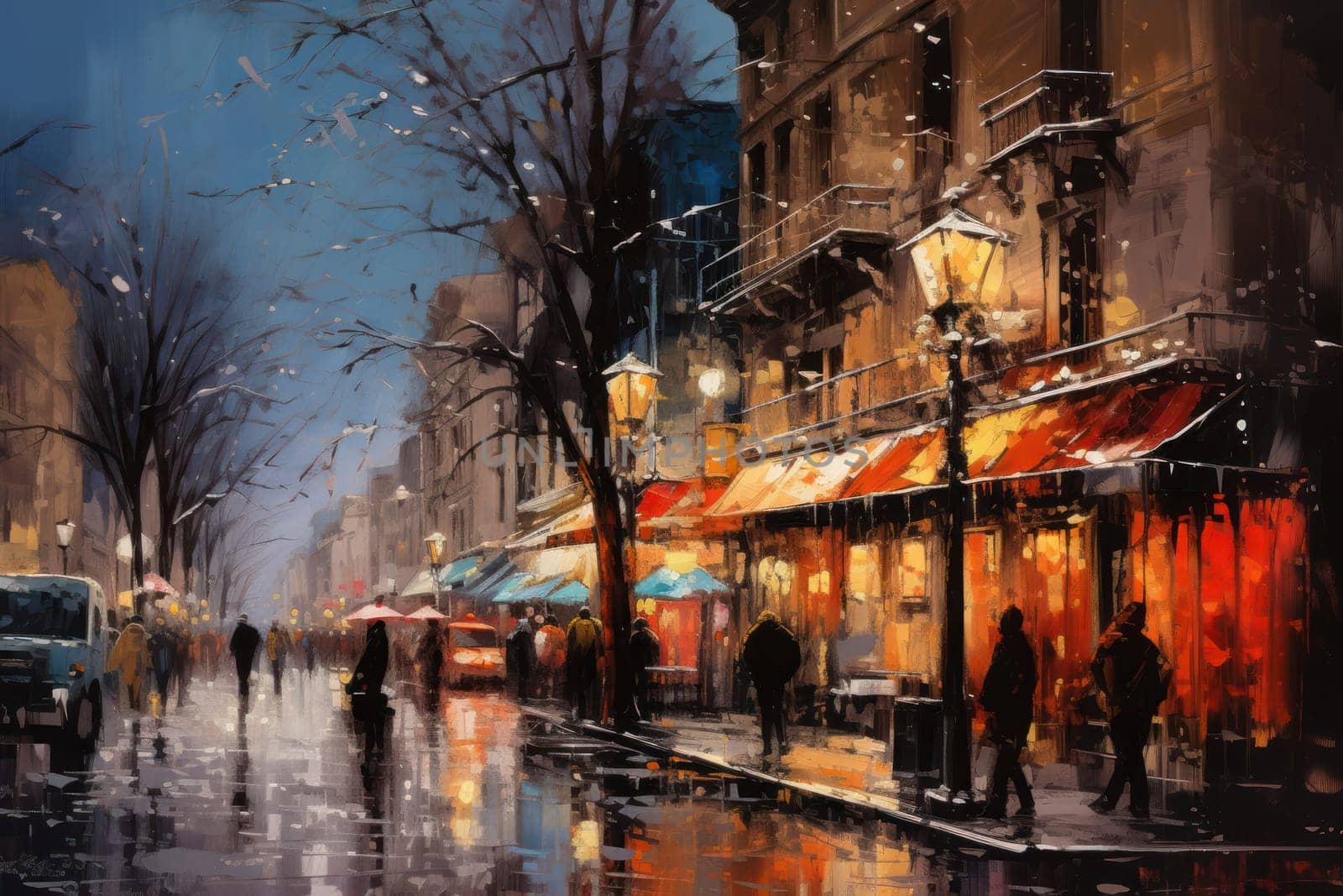 An evocative representation of urban life during winter, focusing on the enchanting vistas of city streets, buildings blanketed in snow, and the warm radiance of streetlights.