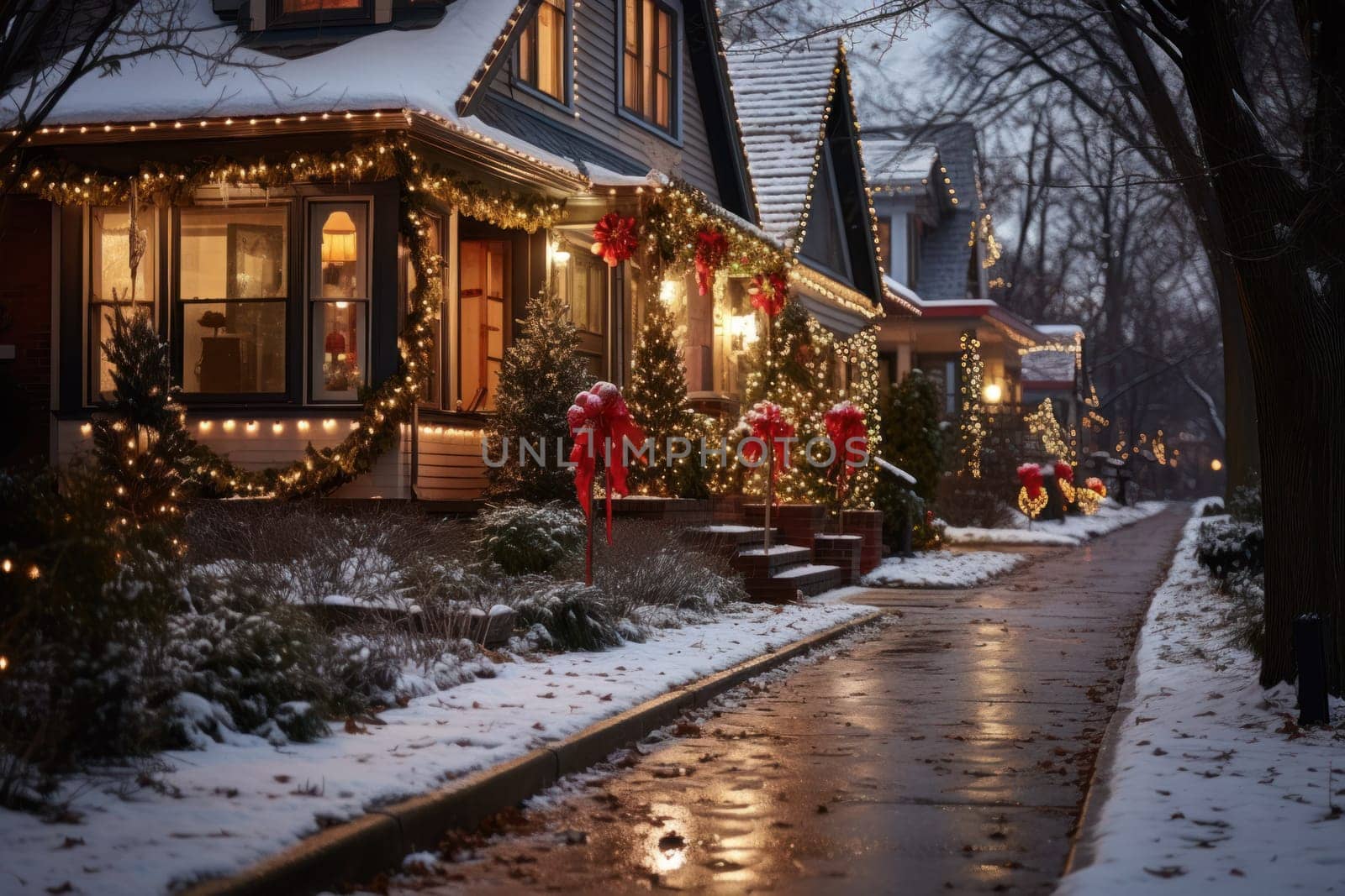 An enchanting portrayal of the holiday season, featuring the dazzling brilliance of Christmas lights, ornaments, and festive adornments that transform towns and neighborhoods into magical wonderlands.