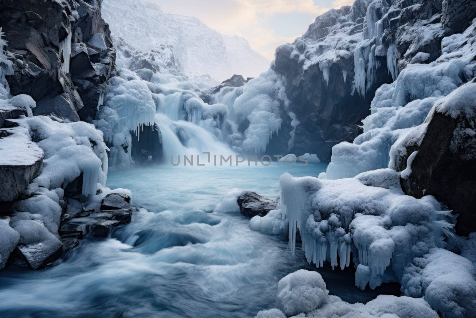 A mesmerizing display of the winter landscape, focusing on the distinctive and captivating frozen waterfalls found in chilly regions.