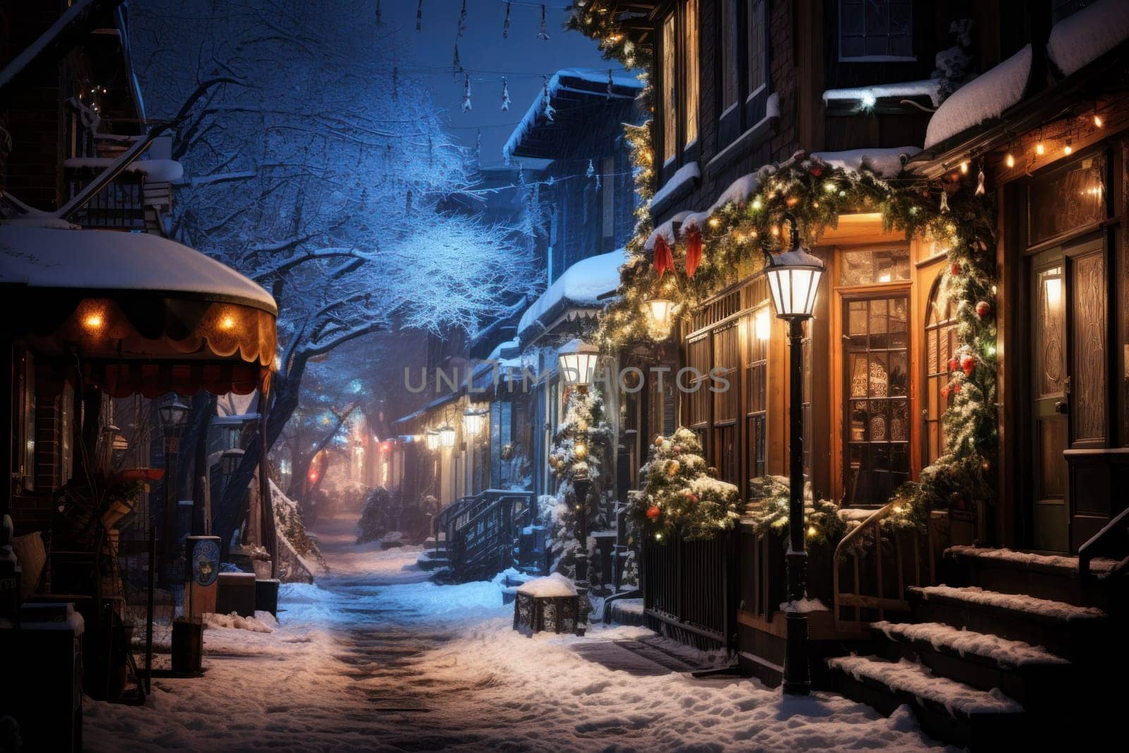 An evocative representation of urban life during winter, focusing on the enchanting vistas of city streets, buildings blanketed in snow, and the warm radiance of streetlights.