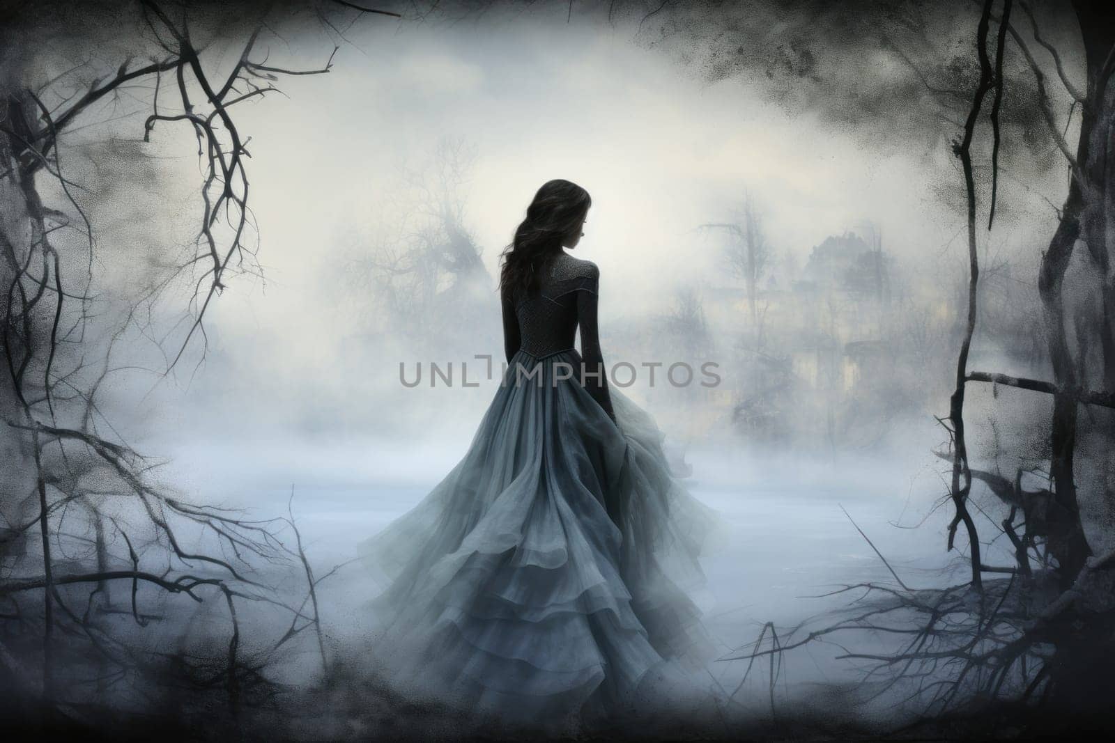 A captivating visual representation of the winter ambiance, focusing on the enigmatic allure of fog and mist enveloping the landscape, especially near bodies of water.
