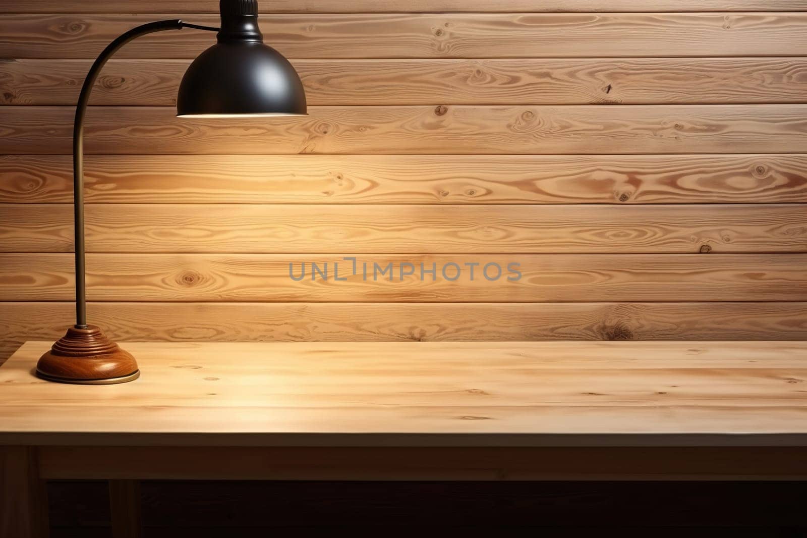 Table lamp on a wooden table. Generated by artificial intelligence by Vovmar