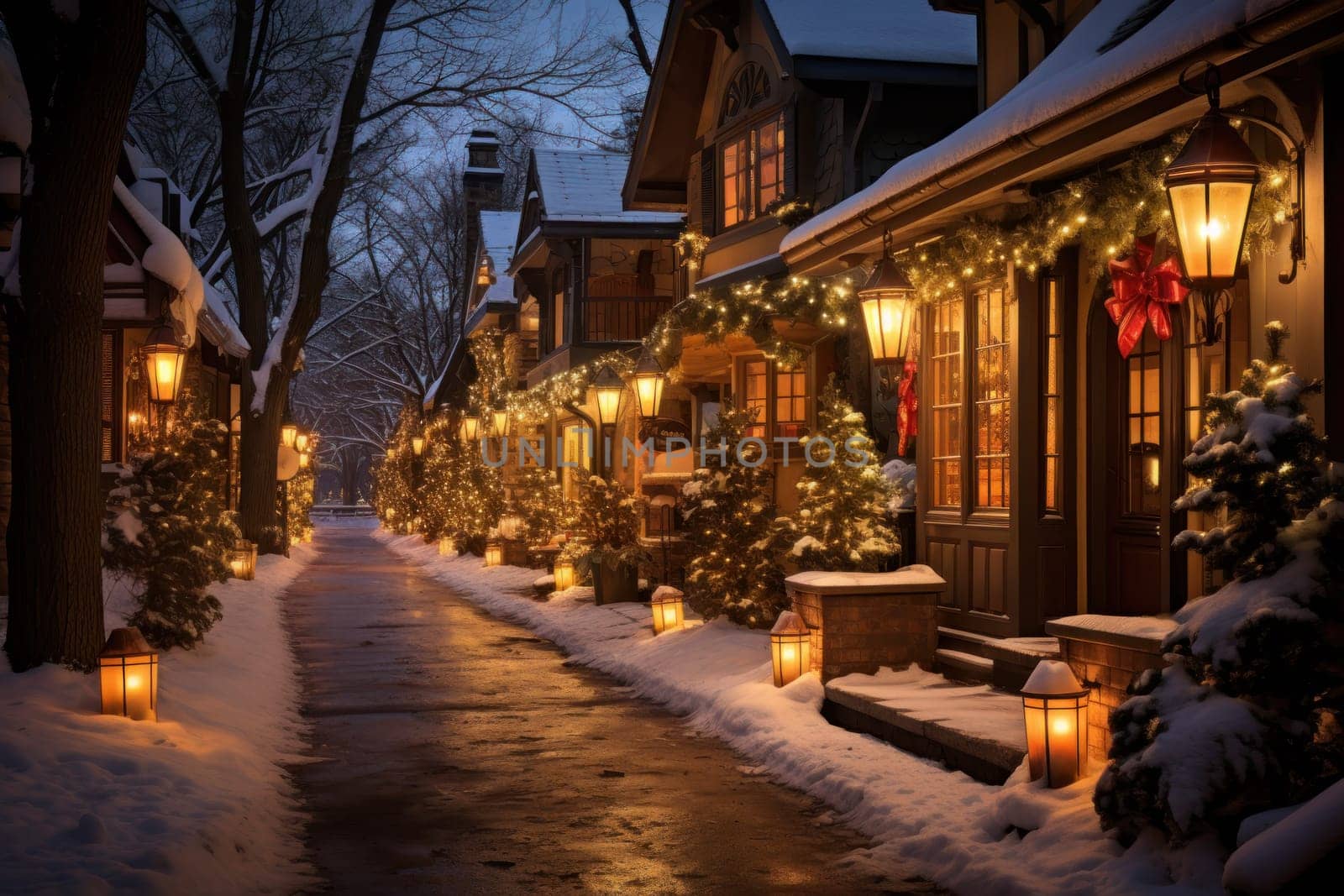 A captivating portrayal of the winter charm, focusing on the creation of cozy and welcoming visuals using the soft glow of candles or lanterns against the snowy backdrop.