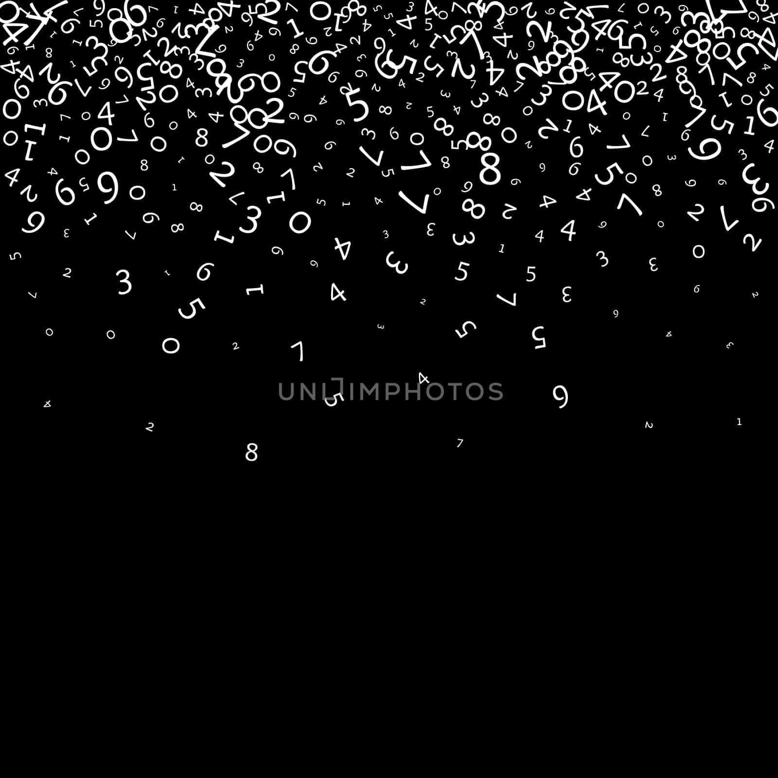 Falling numbers, big data concept. Binary white messy flying digits. Quaint futuristic banner on black background. Digital illustration with falling numbers.