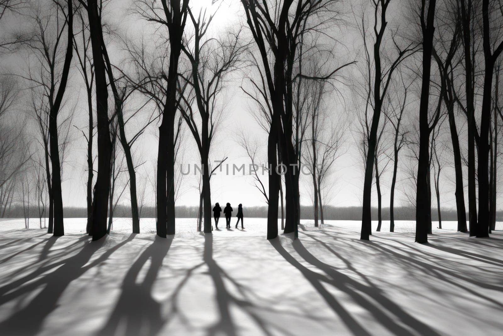 A striking visual display of the winter season, utilizing the extended shadows and sharp differences in lighting to craft captivating silhouettes against the snowy backdrop.