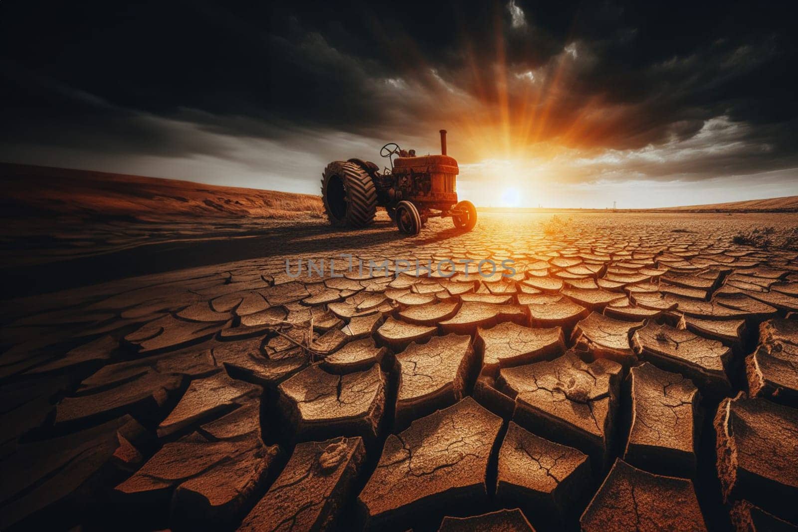 Scorched earth arid soil desert heat wave global warming drought, abandoned rusty tractor, dead animal bones, stormy sky smoking plants factories polluting ambient, apocalyptic scene, ai generated