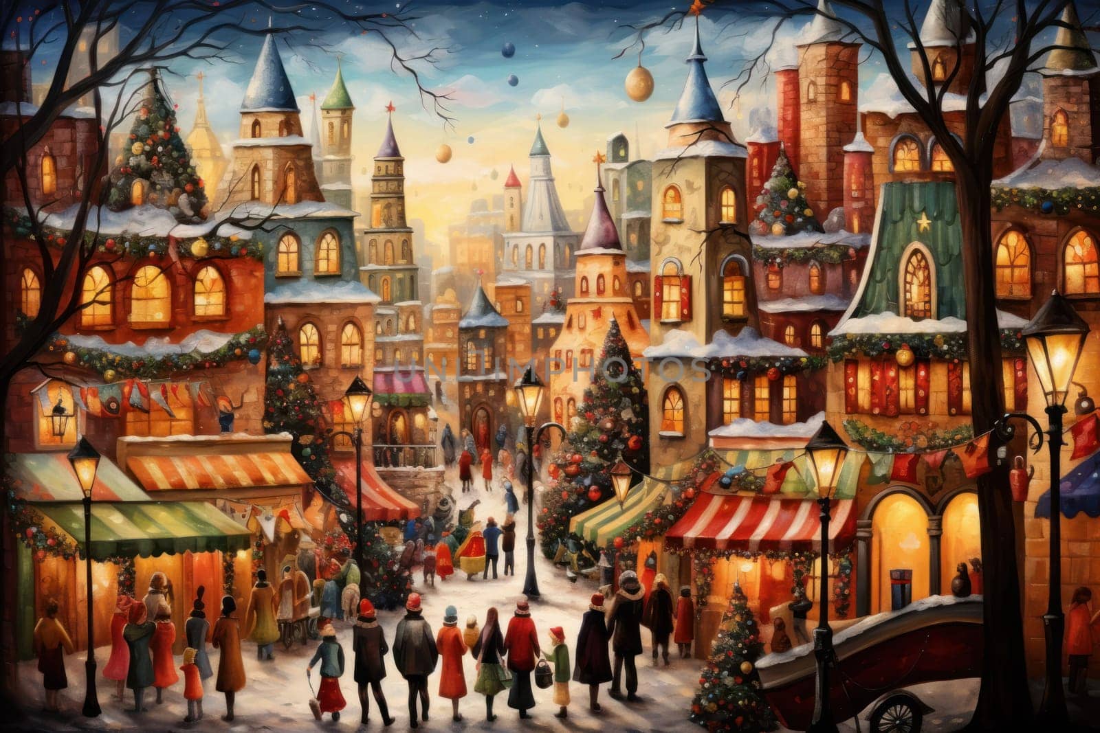 A vibrant depiction of the holiday spirit, capturing the lively ambiance of bustling markets and fairs adorned with festive decorations.