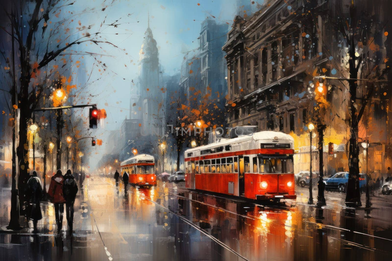 An evocative representation of urban life during winter, focusing on the enchanting vistas of city streets, buildings blanketed in snow, and the warm radiance of streetlights.