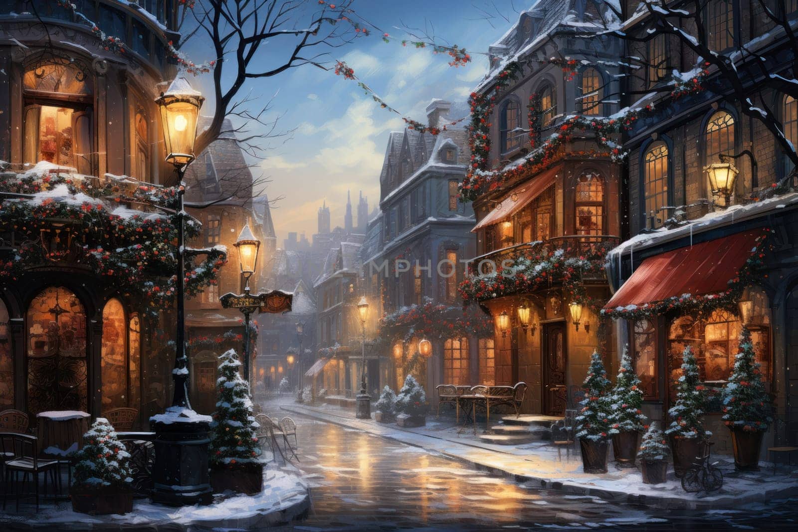 An evocative representation of urban life during winter, focusing on the enchanting vistas of city streets, buildings blanketed in snow, and the warm radiance of streetlights.