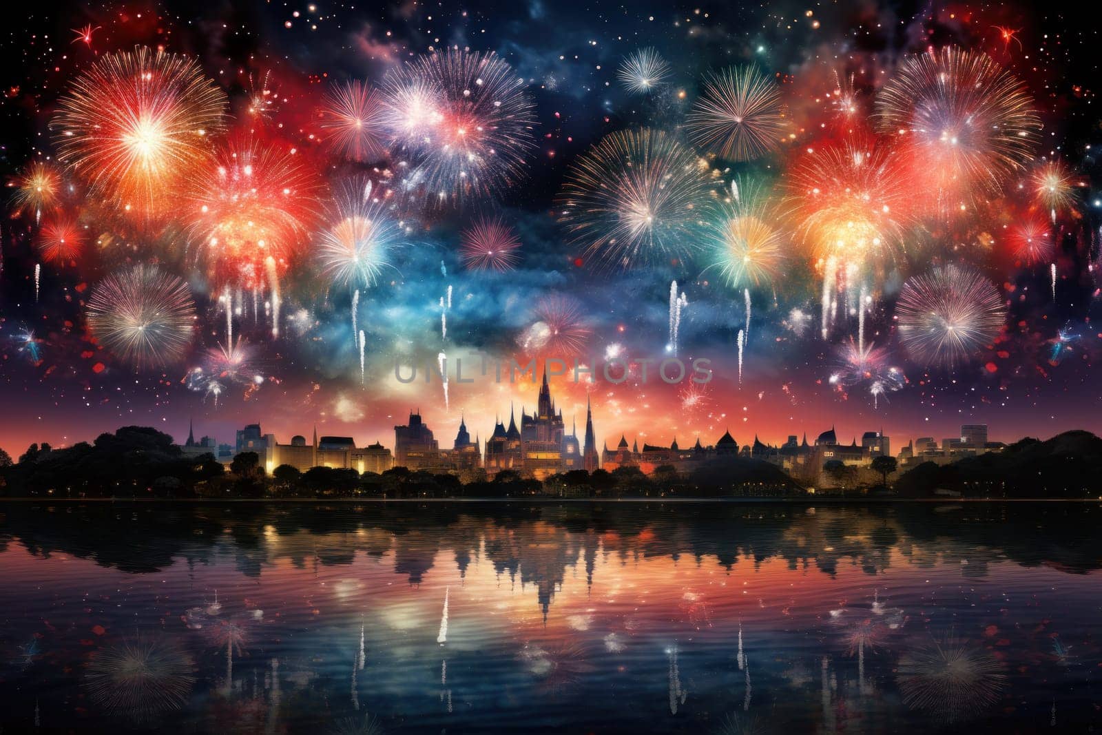 An electrifying display of winter's nocturnal splendor, featuring the dazzling spectacle of New Year's Eve fireworks and other seasonal celebrations.