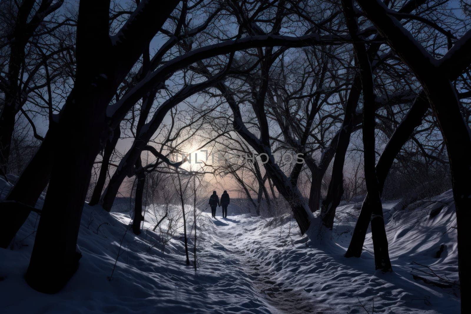 A striking visual display of the winter season, utilizing the extended shadows and sharp differences in lighting to craft captivating silhouettes against the snowy backdrop.