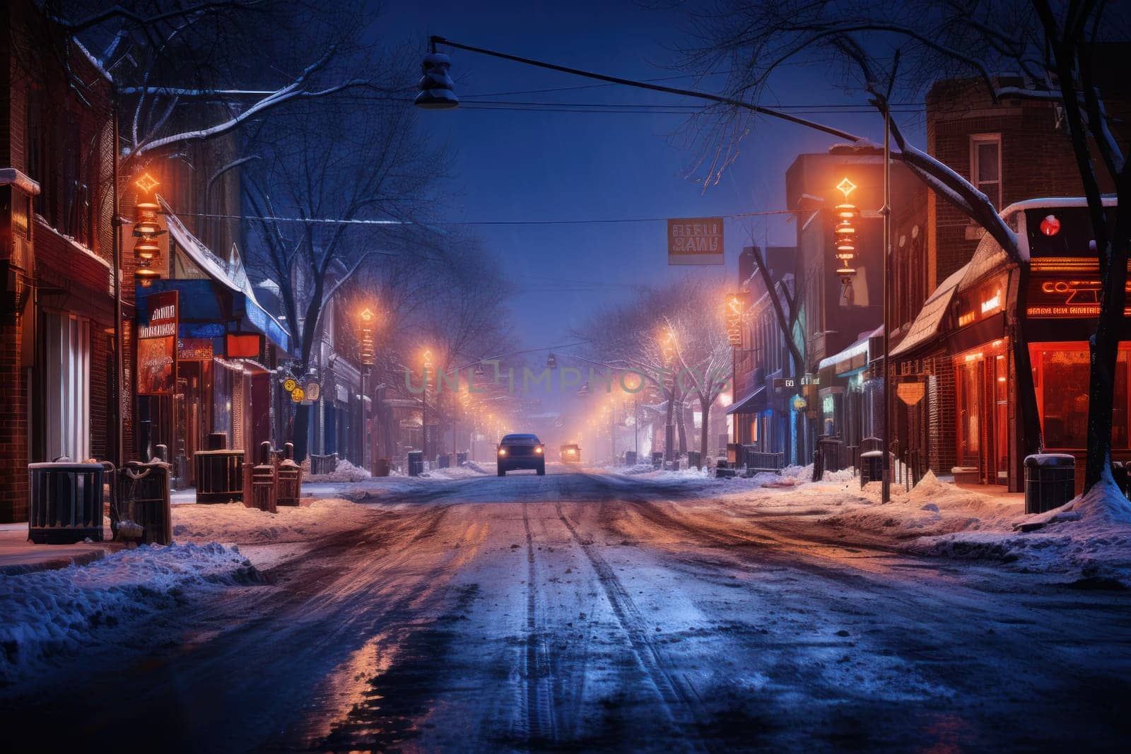 An evocative representation of urban life during winter, focusing on the enchanting vistas of city streets, buildings blanketed in snow, and the warm radiance of streetlights.