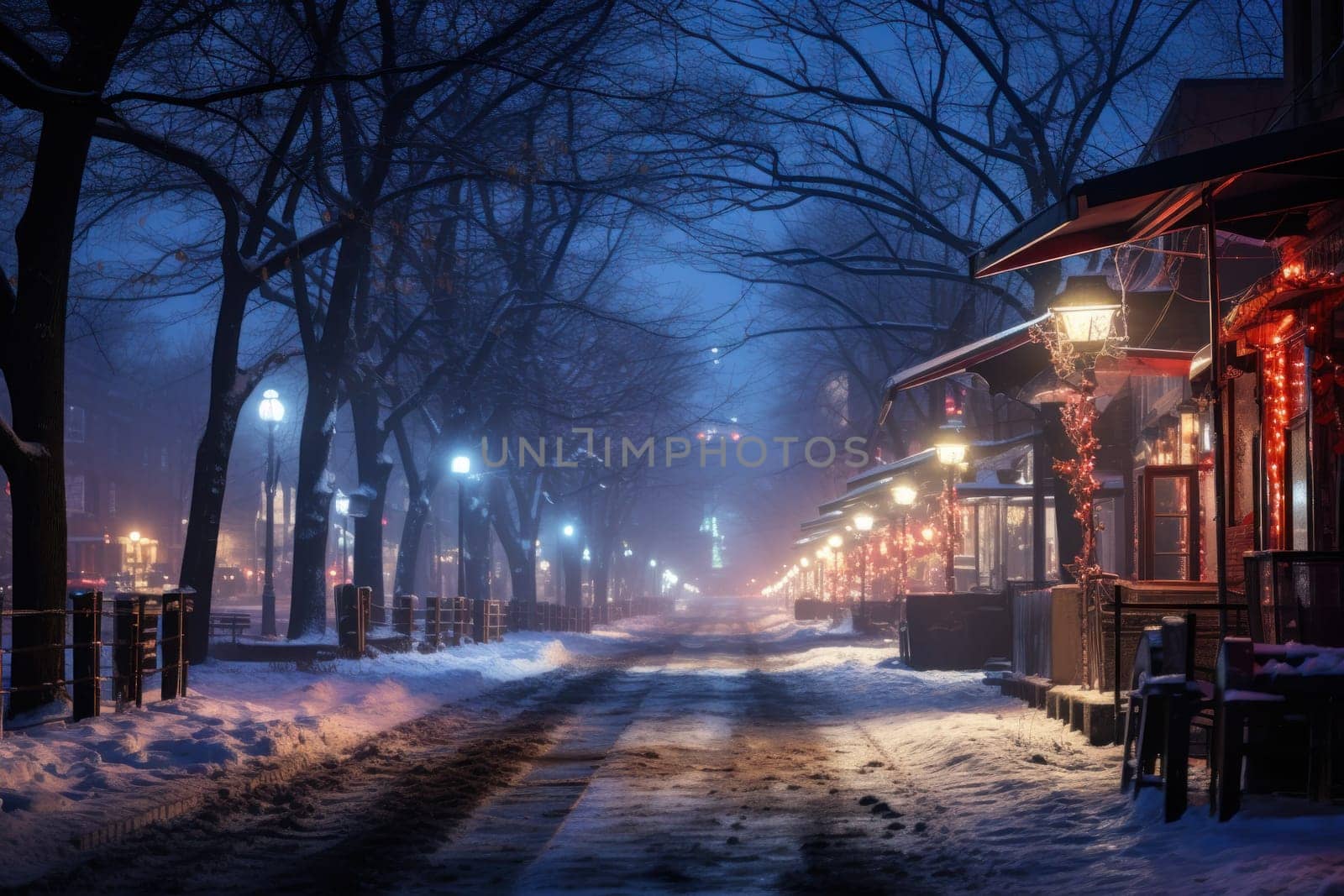 An evocative representation of urban life during winter, focusing on the enchanting vistas of city streets, buildings blanketed in snow, and the warm radiance of streetlights.