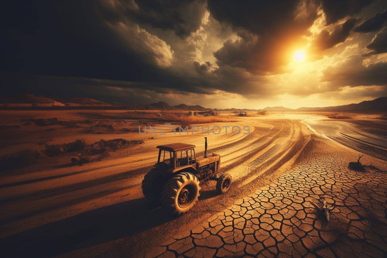 Scorched earth arid soil desert heat wave global warming drought, abandoned rusty tractor, dead animal bones, stormy sky smoking plants factories polluting ambient, apocalyptic scene, ai generated