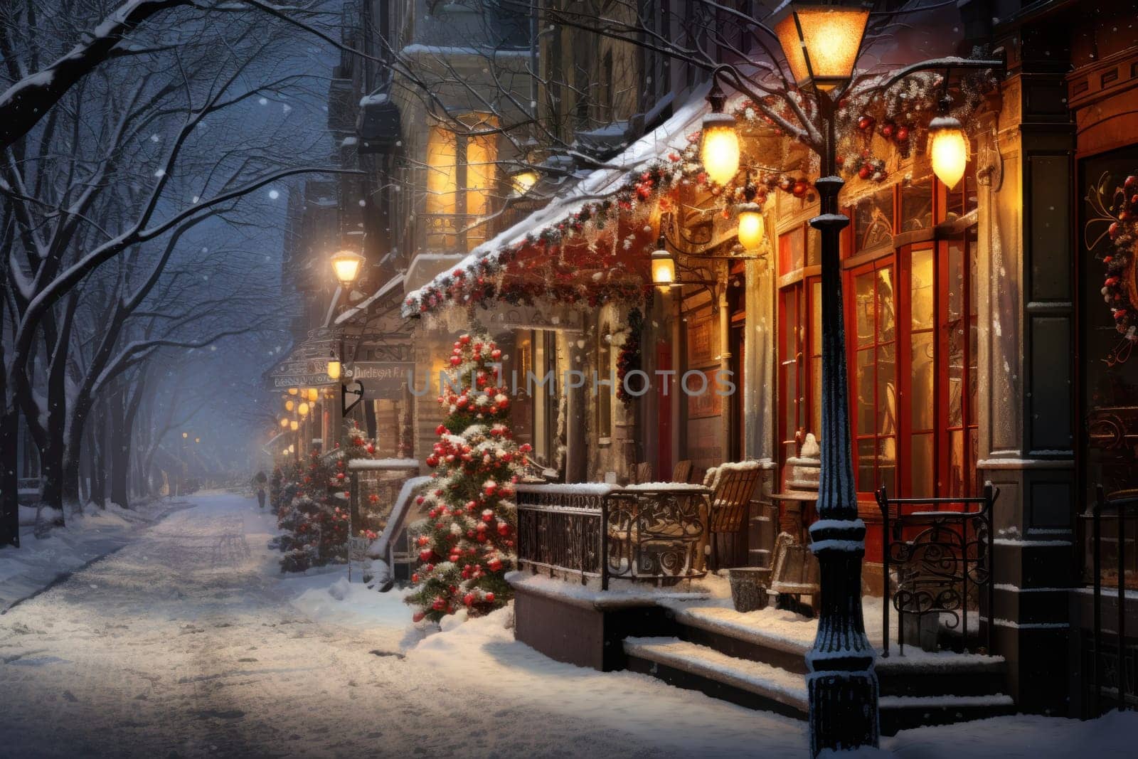 An evocative representation of urban life during winter, focusing on the enchanting vistas of city streets, buildings blanketed in snow, and the warm radiance of streetlights.