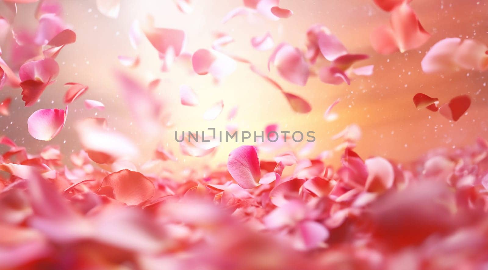 Pink rose petals on soft pink background. Petals of pink rose spa background. Realistic flying sakura cherry flower petals elements for romantic banner design. Copy space Valentine's Day concept. Space for text