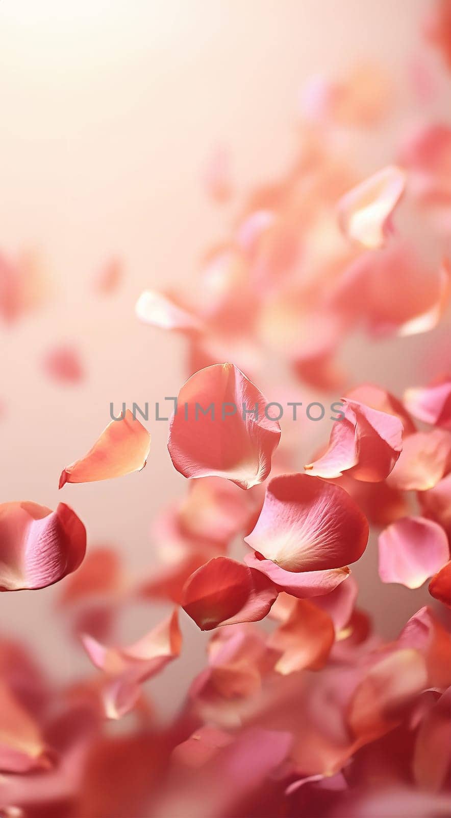 Pink rose petals on soft pink background. Petals of pink rose spa background. Realistic flying sakura cherry flower petals elements for romantic banner design. Copy space Valentine's Day concept. Space for text