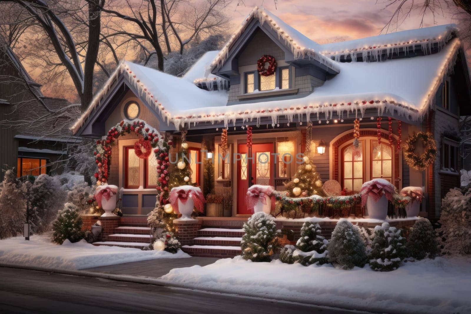 An enchanting portrayal of the holiday season, featuring the dazzling brilliance of Christmas lights, ornaments, and festive adornments that transform towns and neighborhoods into magical wonderlands.