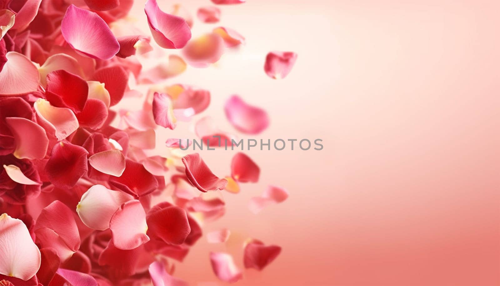 Pink rose petals on soft pink background. Petals of pink rose spa background. Realistic flying sakura cherry flower petals elements for romantic banner design. Copy space Valentine's Day concept. Space for text