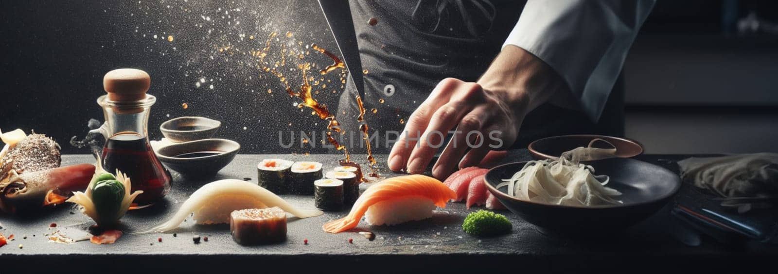 Funny Caucasian chef preparing flying sushi, 3d illustration, humour in kitchen ai art generated