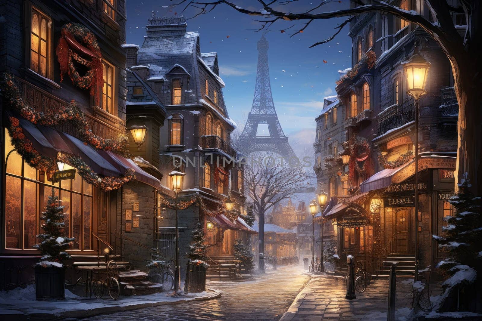 An evocative representation of urban life during winter, focusing on the enchanting vistas of city streets, buildings blanketed in snow, and the warm radiance of streetlights.