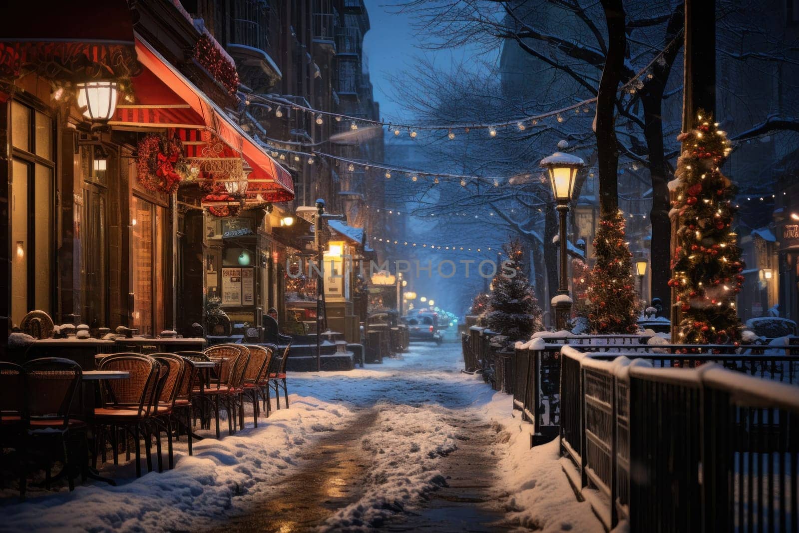 An evocative representation of urban life during winter, focusing on the enchanting vistas of city streets, buildings blanketed in snow, and the warm radiance of streetlights.