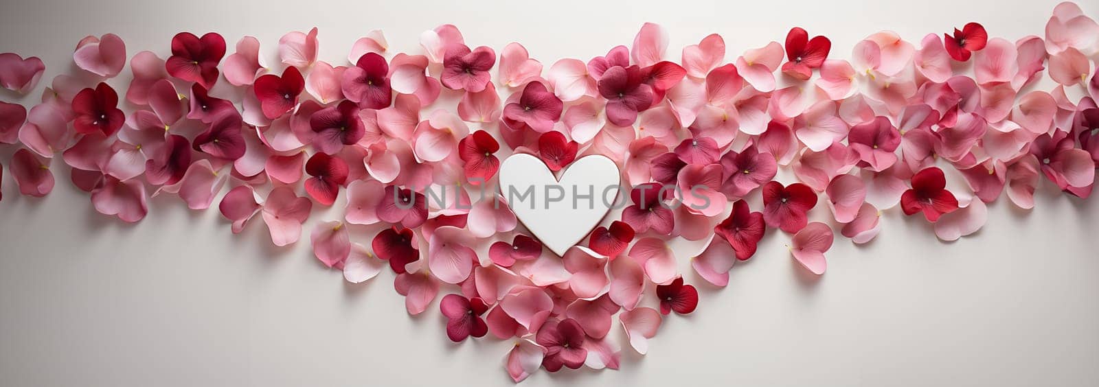 Romantic Valentine background, pink,red rose petals. Valentines Day Heart Made of Red Roses Isolated on White Background. by Annebel146