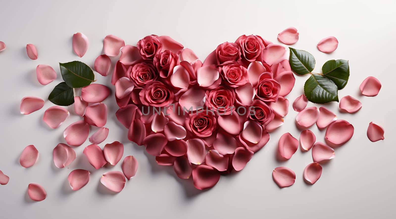 Romantic Valentine background, pink,red rose petals. Valentines Day Heart Made of Red Roses Isolated on White Background. Copy space