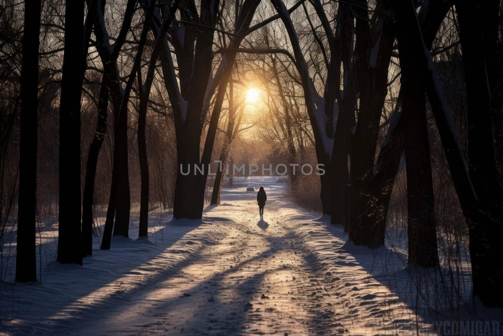 A striking visual display of the winter season, utilizing the extended shadows and sharp differences in lighting to craft captivating silhouettes against the snowy backdrop.