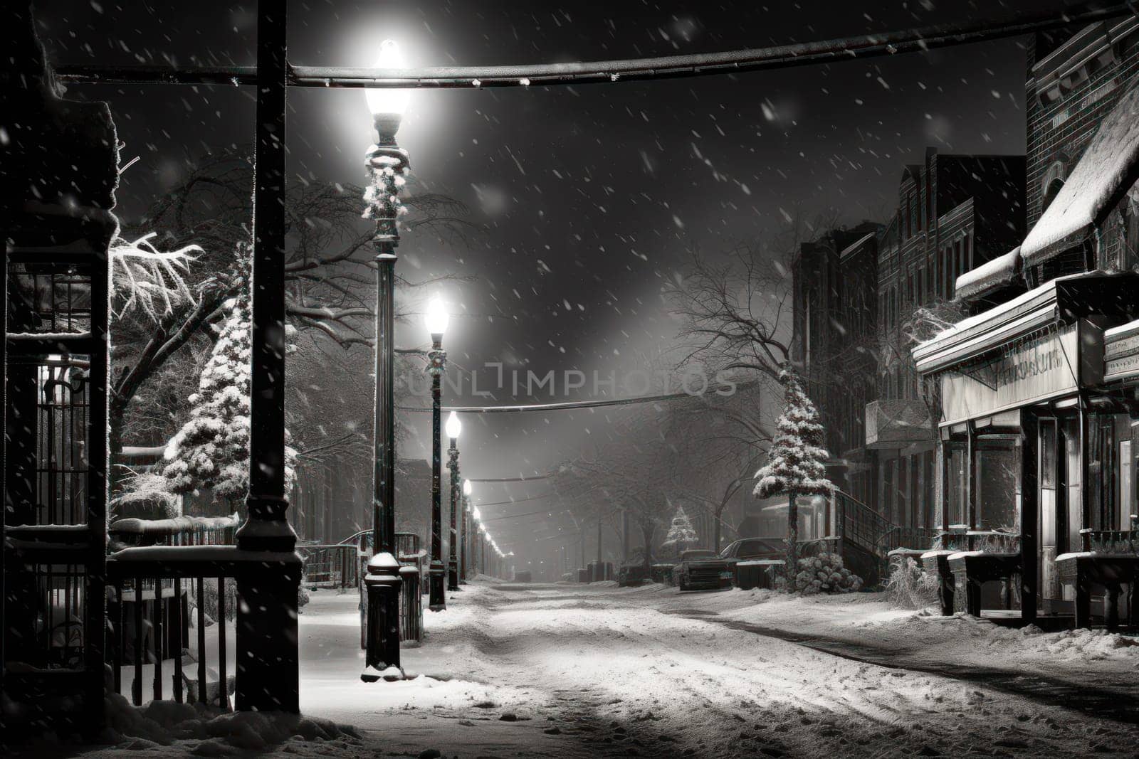 An evocative representation of urban life during winter, focusing on the enchanting vistas of city streets, buildings blanketed in snow, and the warm radiance of streetlights.