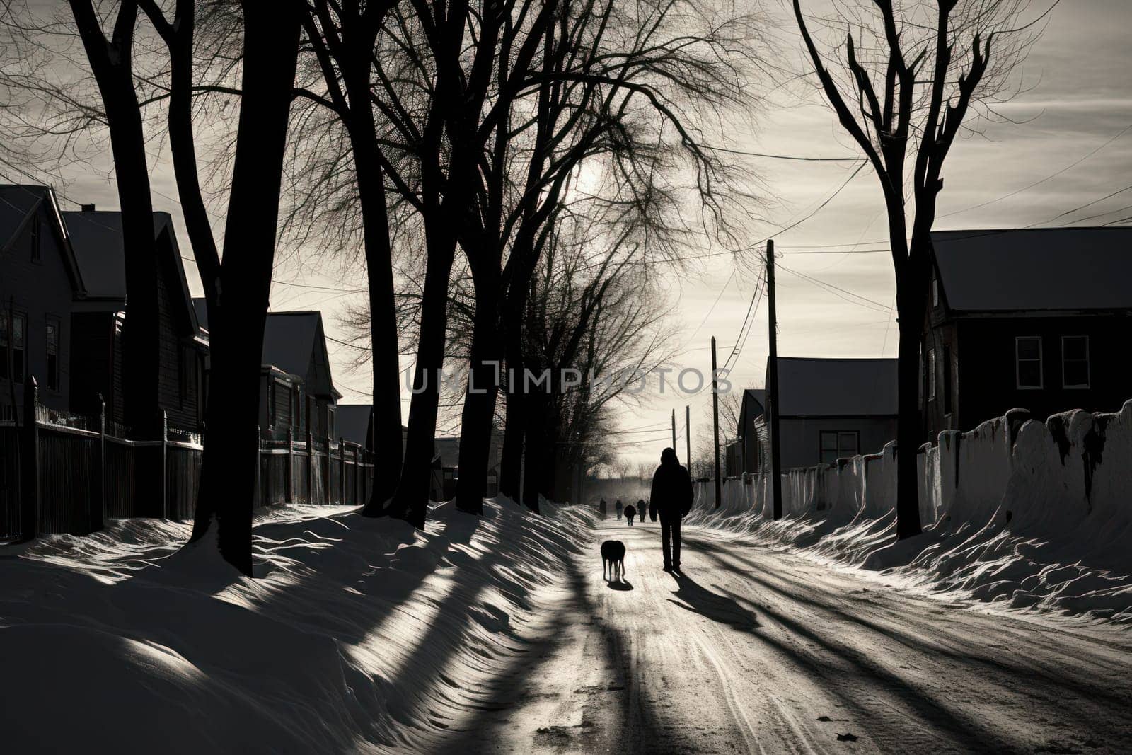 A striking visual display of the winter season, utilizing the extended shadows and sharp differences in lighting to craft captivating silhouettes against the snowy backdrop.