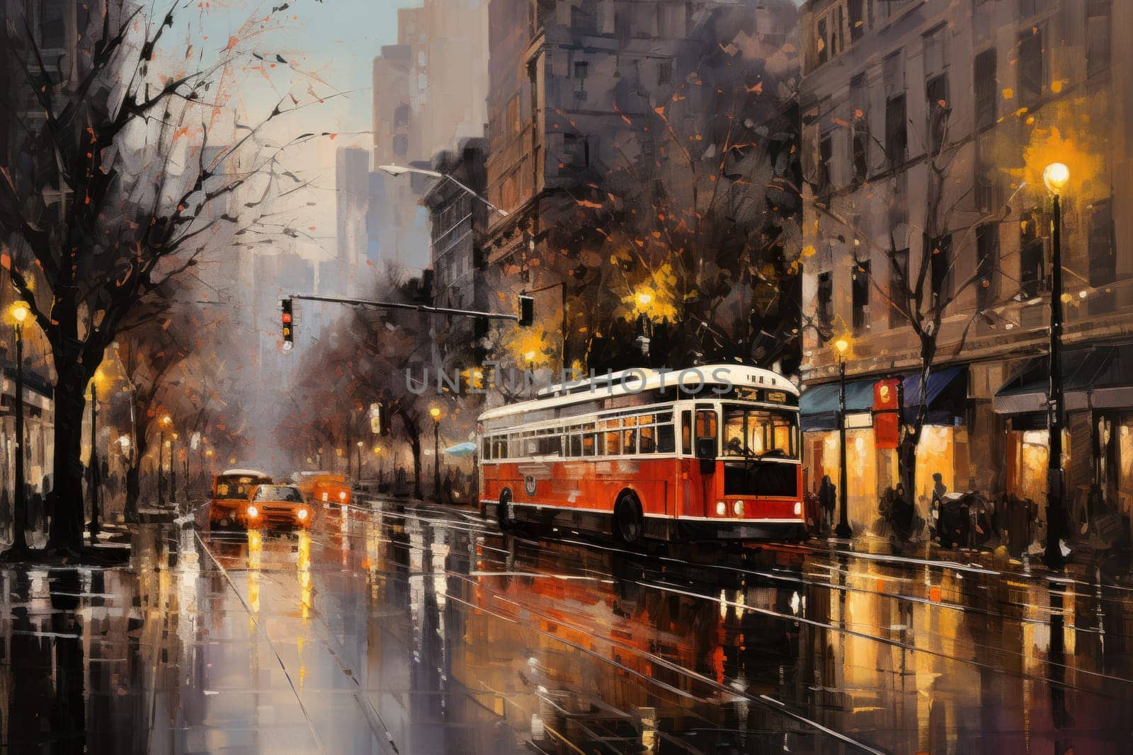 An evocative representation of urban life during winter, focusing on the enchanting vistas of city streets, buildings blanketed in snow, and the warm radiance of streetlights.