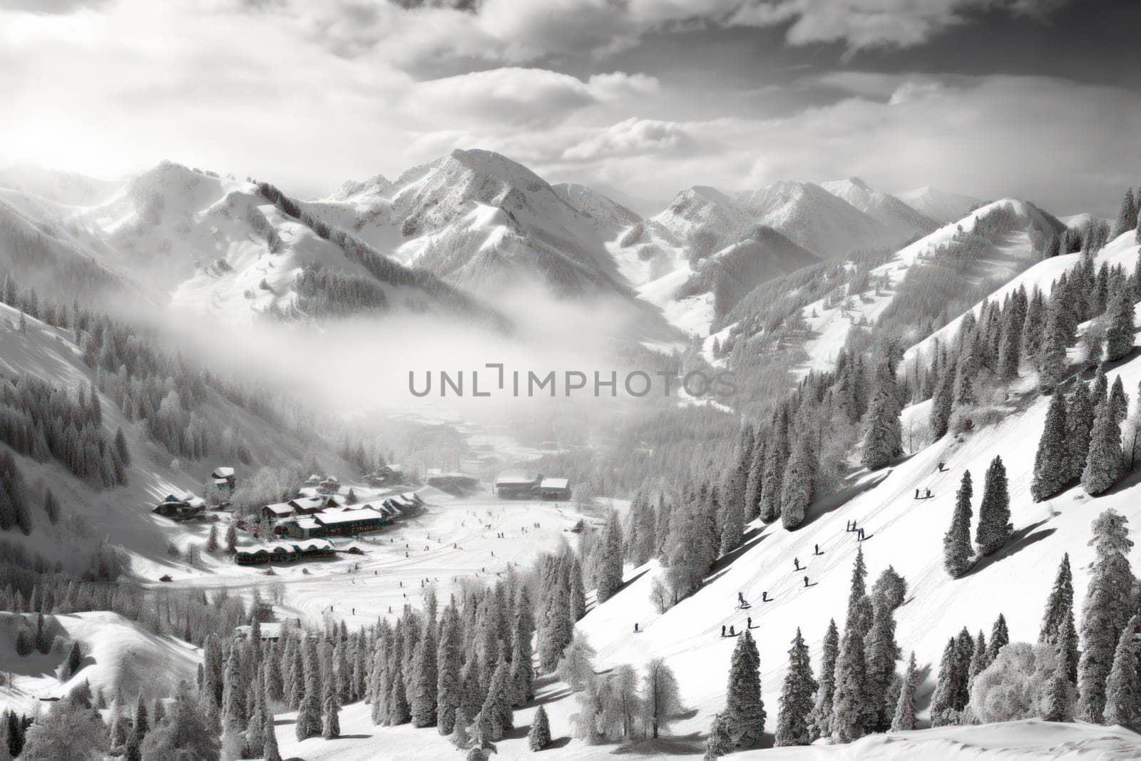 A dynamic portrayal of the winter wonderland at ski resorts, capturing the exhilaration and scenic beauty.