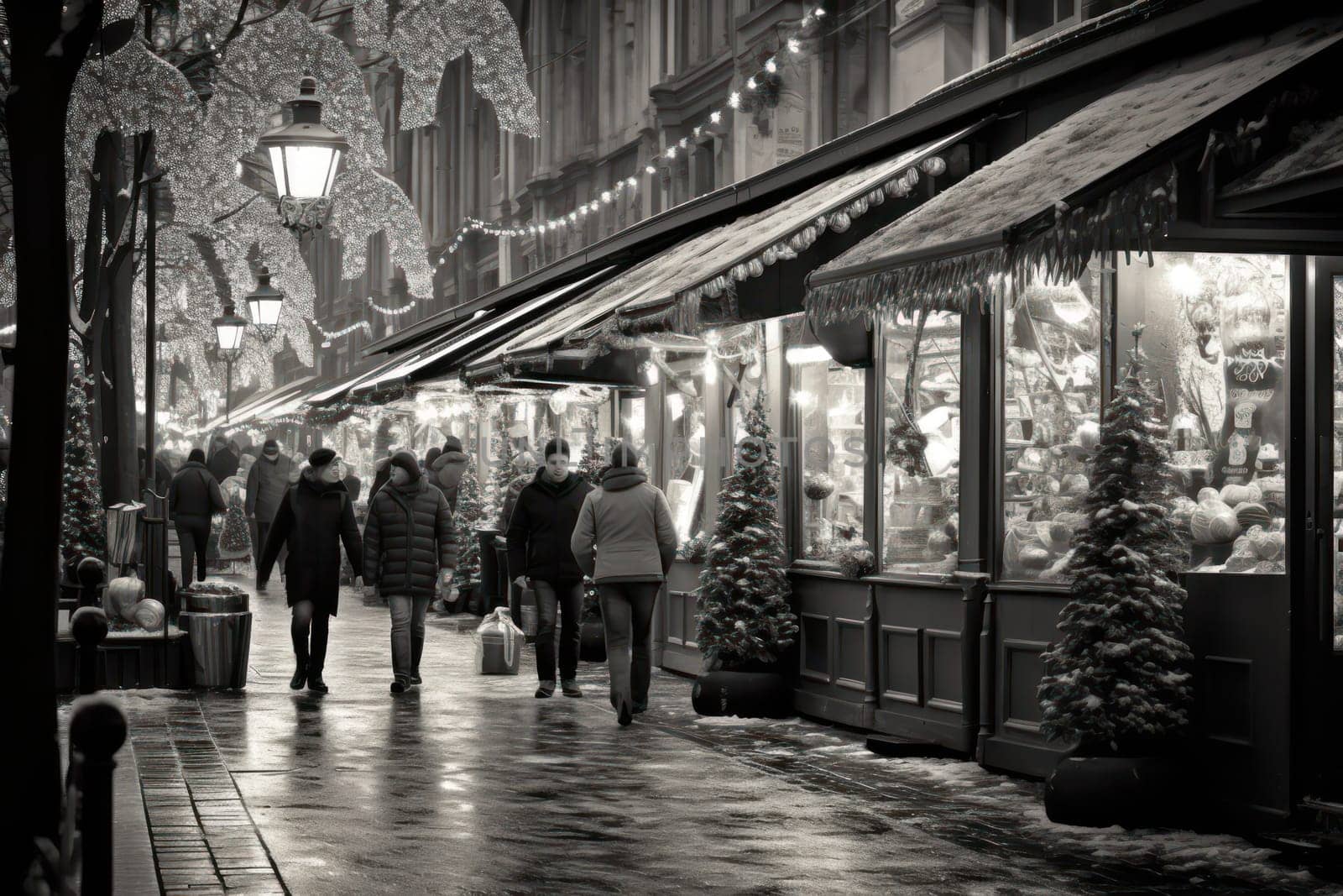 A vibrant depiction of the holiday spirit, capturing the lively ambiance of bustling markets and fairs adorned with festive decorations.