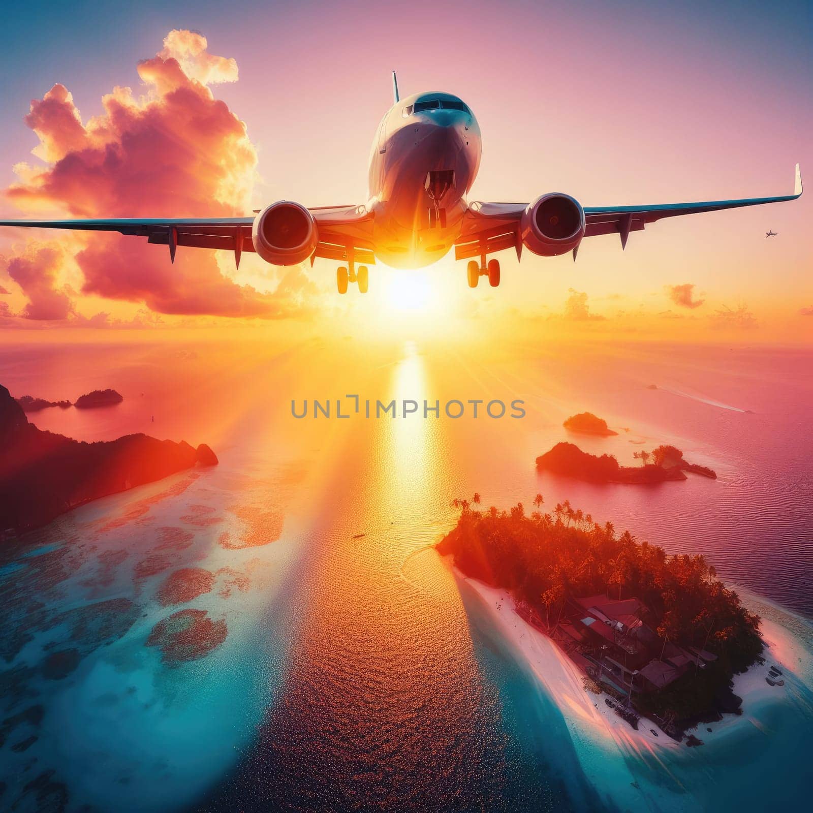 Airplane flying above tropical sea at sunset.