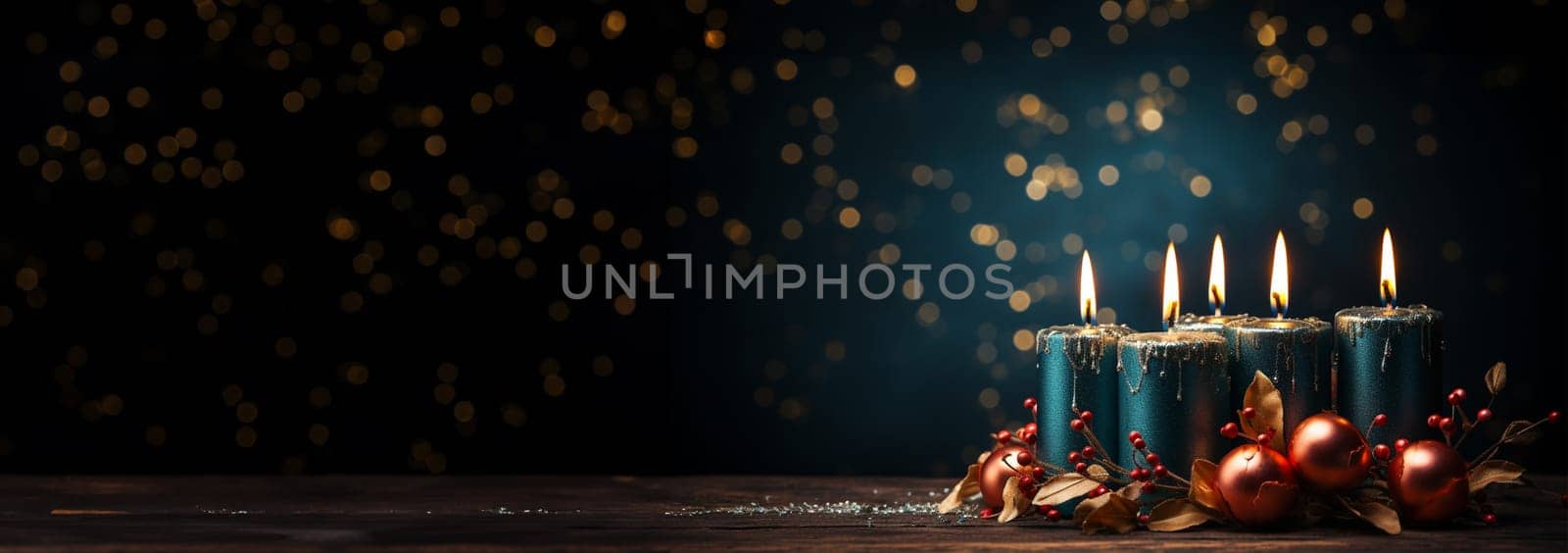 Burning candles warm design with copy space. Bokeh sparkling lights. advent wreath candles on fir branches with Christmas decoration against a dark background, copy space, selected focus, narrow depth of field Merry Christmas Space for text