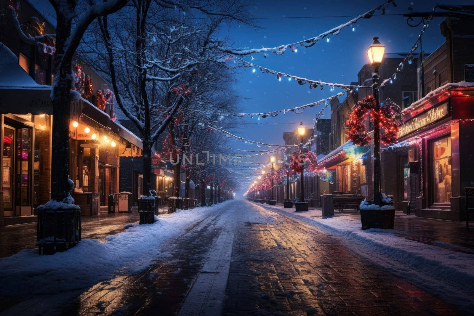 An evocative representation of urban life during winter, focusing on the enchanting vistas of city streets, buildings blanketed in snow, and the warm radiance of streetlights.