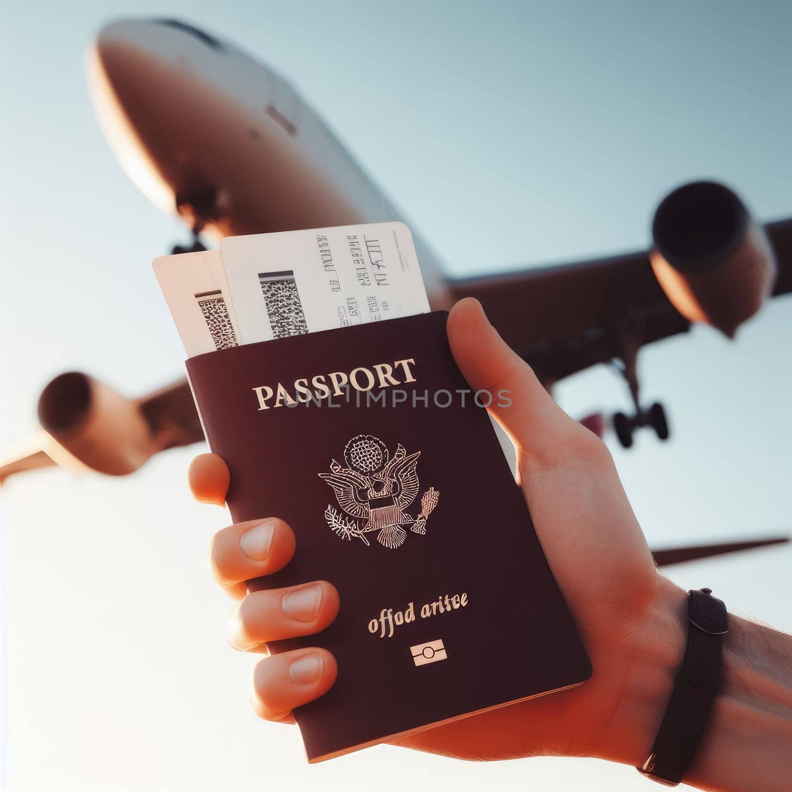 Travel planning concept,Hand holding Passport and Airline tickets with Airplane on blue sky background.