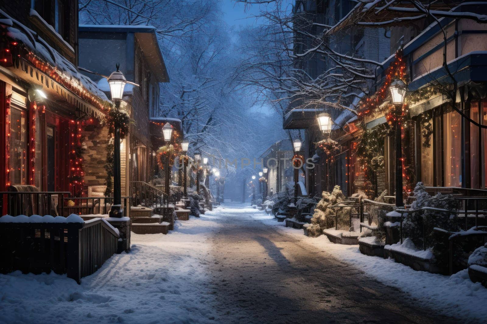 An evocative representation of urban life during winter, focusing on the enchanting vistas of city streets, buildings blanketed in snow, and the warm radiance of streetlights.