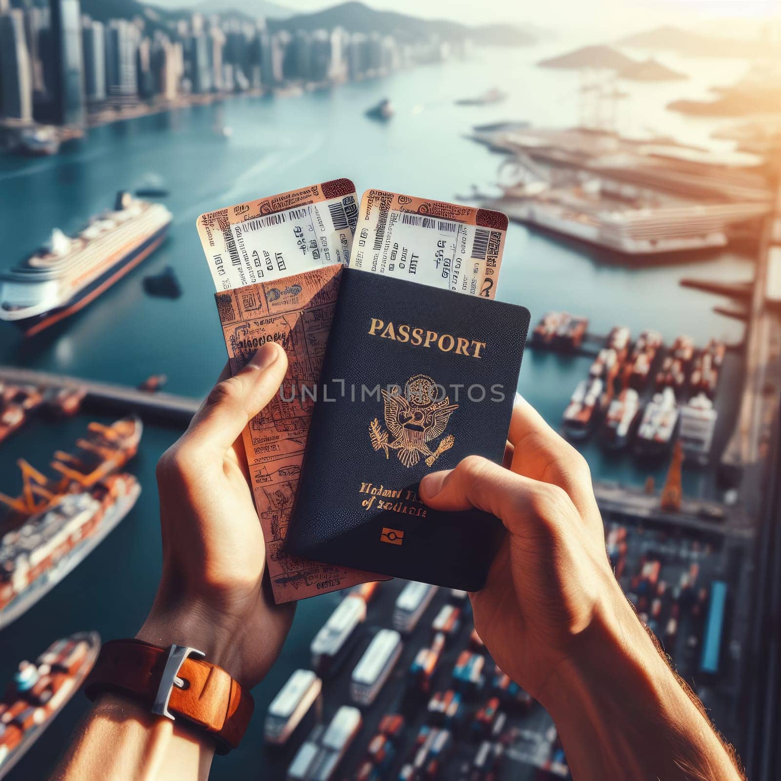 Travel planning concept,Hand holding Passport and Airline tickets with Airplane on blue sky background.