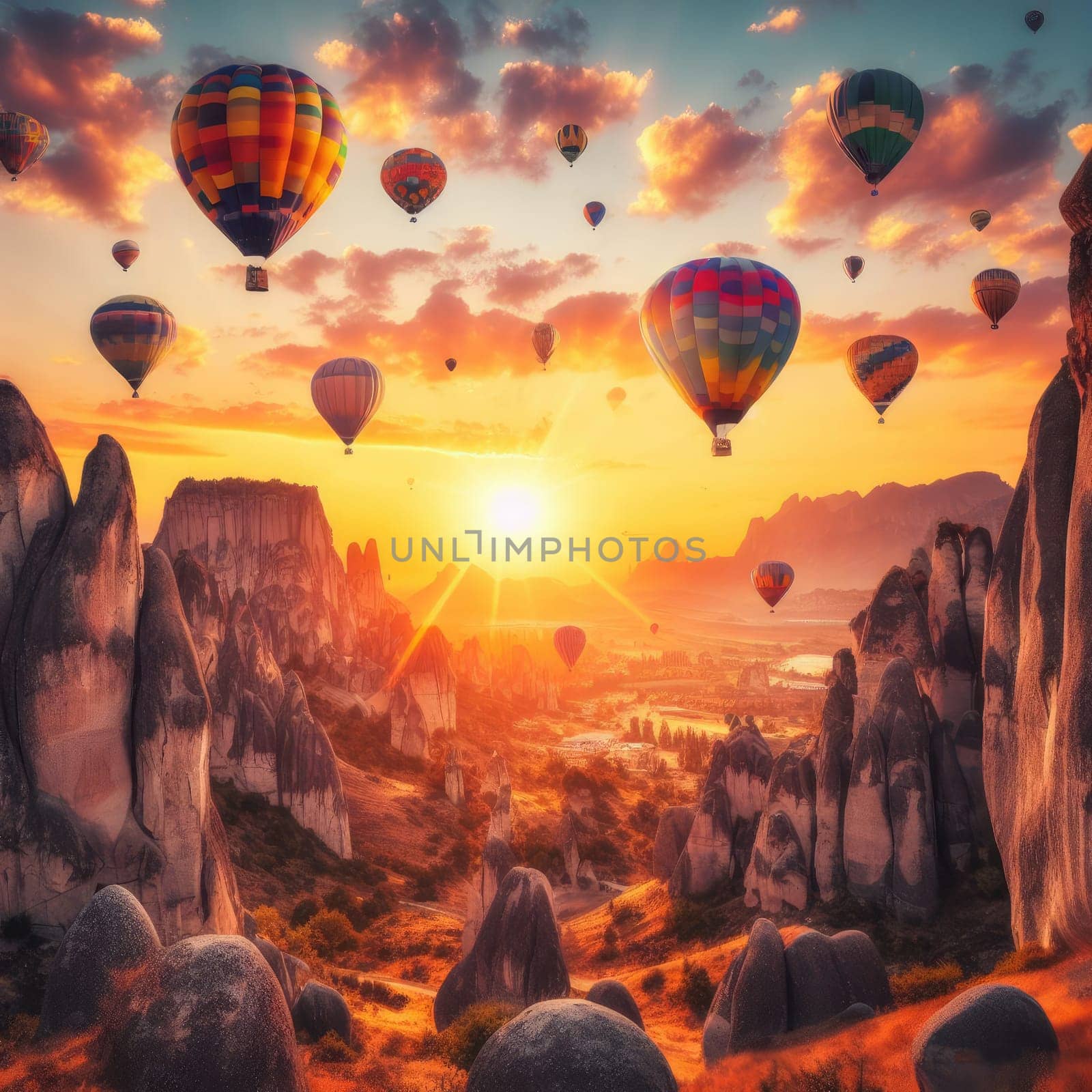 gorgeous view of flying air balloons over Cappadocia at sunrise and lots of people watching this moment from down by Kobysh