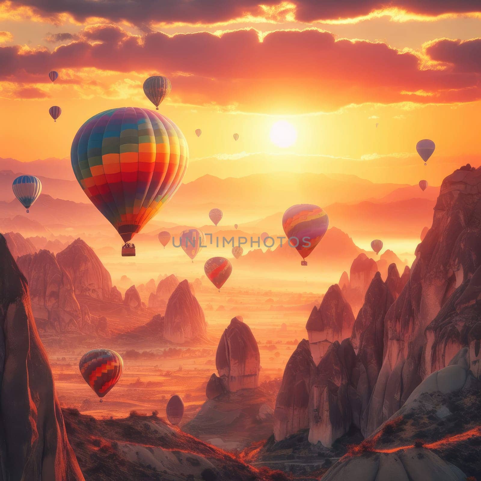 gorgeous view of flying air balloons over Cappadocia at sunrise and lots of people watching this moment from down by Kobysh