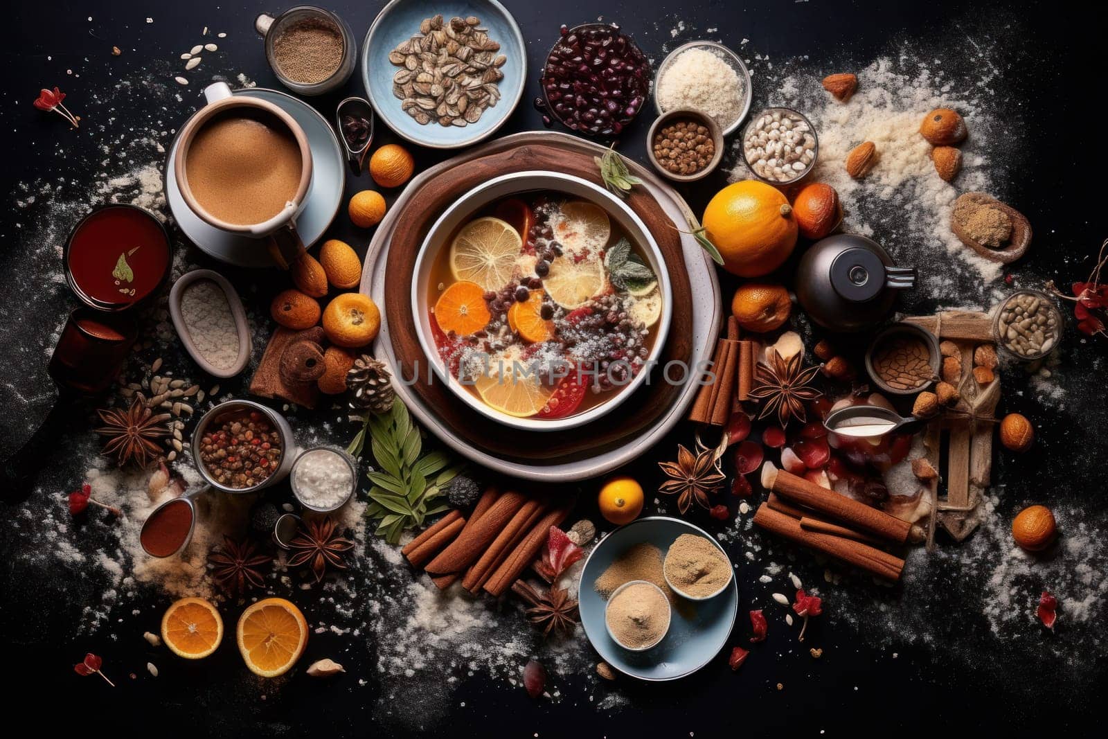 A mouthwatering portrayal of winter's culinary delights, showcasing the artful photography of winter-inspired dishes and beverages like hot soup, roasted chestnuts, and mulled wine.
