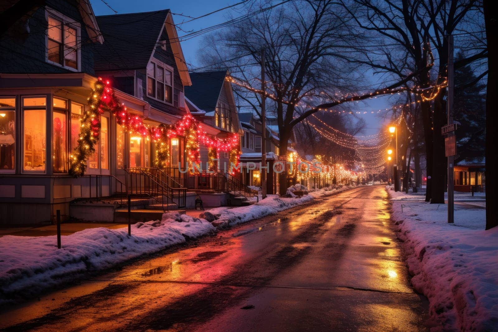 An enchanting portrayal of the holiday season, featuring the dazzling brilliance of Christmas lights, ornaments, and festive adornments that transform towns and neighborhoods into magical wonderlands.
