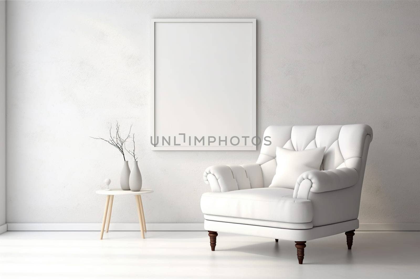 Beautiful bright living room interior with a comfortable white armchair and a large white painting on the wall. Generated by artificial intelligence by Vovmar