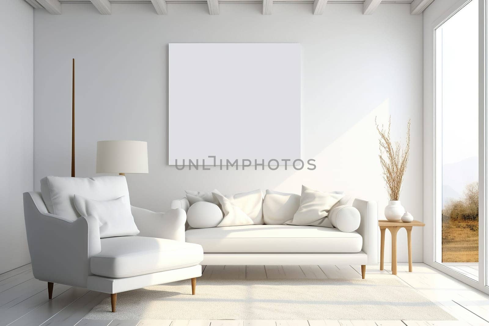 Beautiful bright living room interior with two comfortable white armchairs and a large white painting on the wall. Big windows.